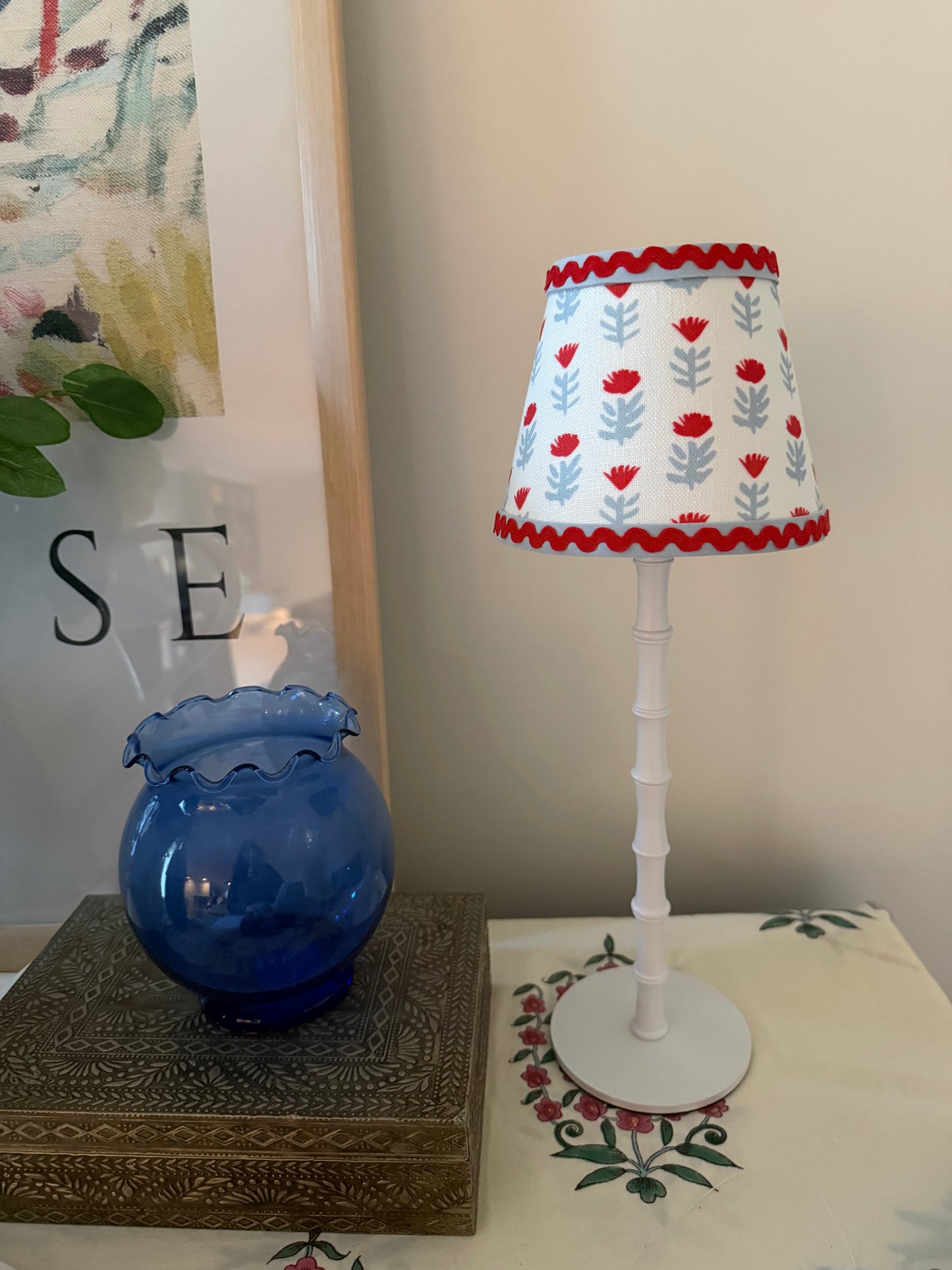 Claire Poppy with Red Ric Rac - Lampshade for Cordless Lamps