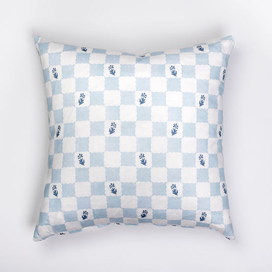 20x20" Pillow in Check Fleur, Soft Blue