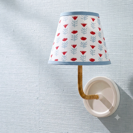 Block Print Floral Candle Clip Lampshade - Claire Poppy, Blue and Red - for Sconce or Chandelier