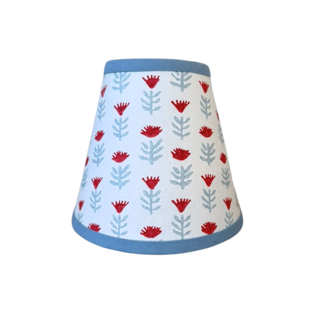 Block Print Floral Candle Clip Lampshade - Claire Poppy, Blue and Red - for Sconce or Chandelier