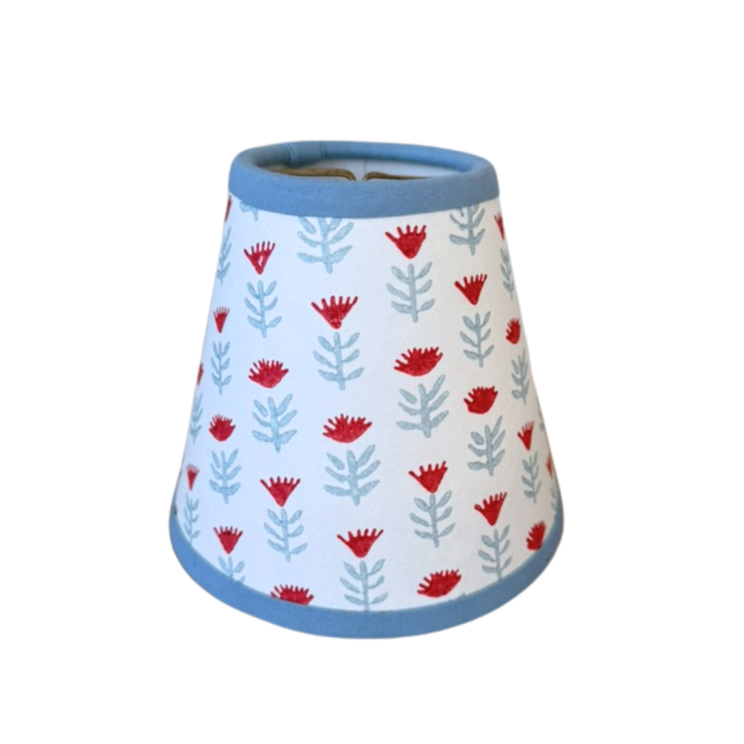 Block Print Floral Candle Clip Lampshade - Claire Poppy, Blue and Red - for Sconce or Chandelier